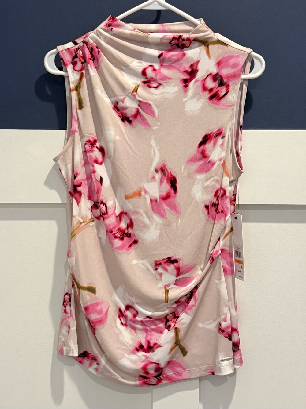 Calvin Klein Pink Floral Sleeveless Mock Neck Top Size S NWT
